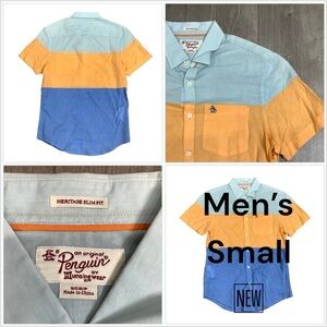 Men's Penguin Small Button Front Shirt Block Colors Short Sleeve Casual NWOT
